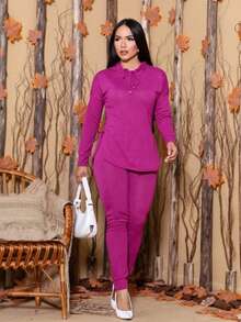 Women's Cold Weather Set Lanzinha Blouse Long Sleeve Trousers Winter - Màu Hoa hồng đỏ - Xem 1