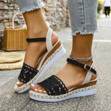 Women's Wedge Thick Bottom Sandals, Summer Rope Woven Wide Strap Open Toe Breathable Casual Stylish Sandals, Fashion Strap Buckle Sandals