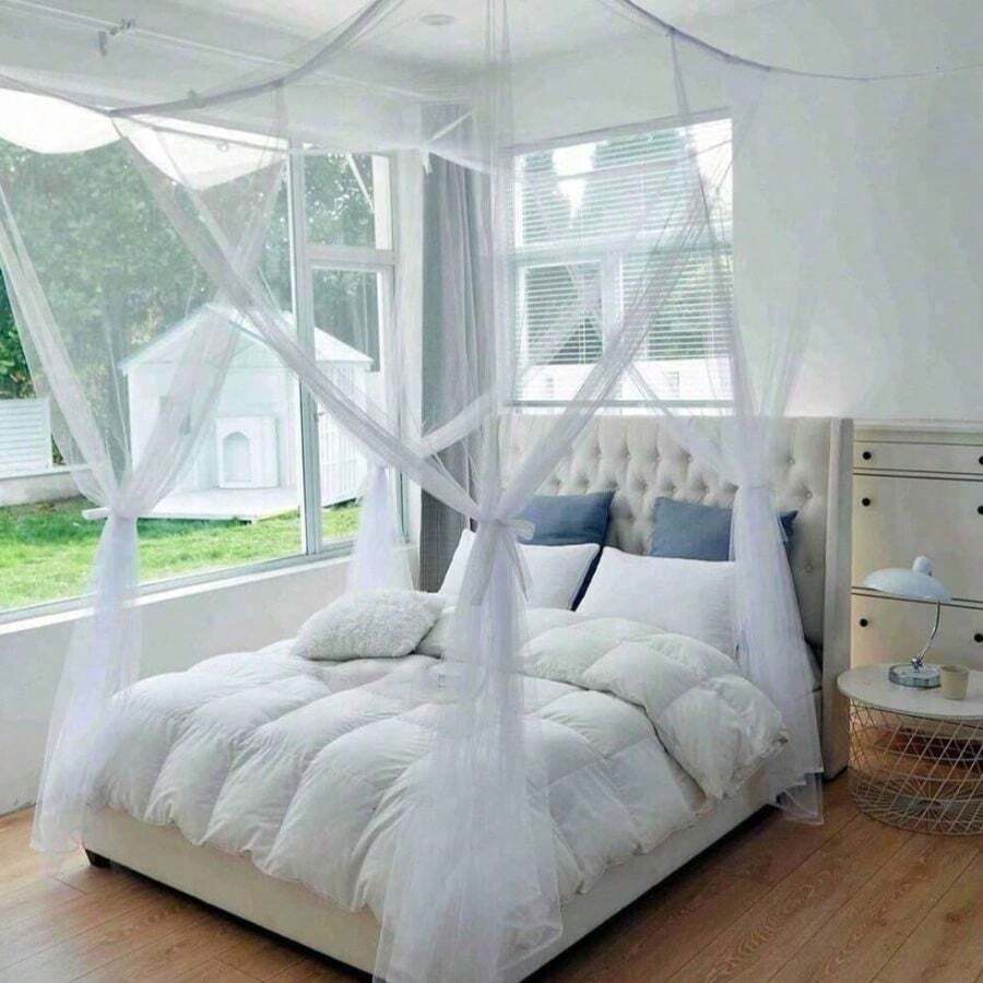 1 pieza Mosquitera de 4 esquinas y diseño elegante, de 210x190x240cm/83x75x95in, de malla fina para cama, ventana, de estilo colorido para camas matrimoniales/grandes/extra grandes - Blanco - Ver 1