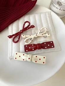4个红色波尔卡圆点蝴蝶结发夹、可爱刘海夹、甜美女孩侧夹和女式发夹 - 彩色 - 查看 3