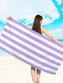 1 件简约条纹沙滩巾，超大速干轻质吸水沙滩毯，防沙旅行泳池瑜伽健身房运动毛巾，海滩度假必备礼物（单面印花），沙滩配件，泳池浮圈 - 淡紫色 - 查看 5