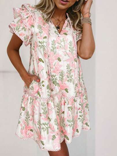 Acelitt Summer Pink Floral Contrast Trim Tiered Hem Mini Dress