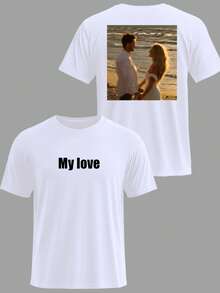 定制男士 T 恤，输入您的文字/祝福/有趣的内容，上传您自己/爱人/最好的朋友/宠物/风景的照片，白色 T 恤，情人节，节日礼物，周年纪念礼物，公司制服，音乐节，送给他的礼物，男士圆领短袖 T 恤，派对，男士黑色短袖 - 白色 - 查看 3