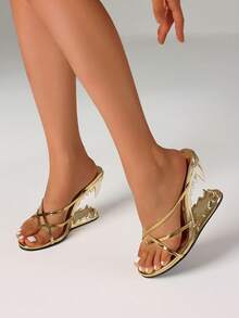 Metallic Teeth Heels Mules For Women Fashion Open Toe Wedges High Heeled Slip On Party Sexy Slingback Slides Sandals Woman - Guld A - Visa 2