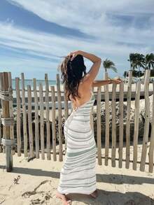 Vivid Style Sexy Hollow Out Sleeveless Fitted Striped Knit Beach Dress, Suitable For Summer Vacation, Christmas, New Year Spring - Mint Green - View 3