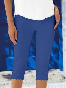 Plus Size Women's Casual Elastic Capri Leggings, Solid Knitted Polyester Fabric With Asymmetric Hemline, Stretchy Waistband, Suitable For Spring/Summer, Year-Round Base Layer Tights - Blue - View 3