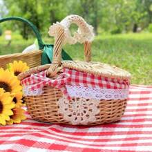 1 pièce Panier de transport rétro en osier pour l'extérieur avec poignée. Panier de pique-nique avec couvercle