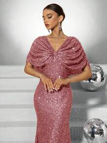 Elisanya 优雅女士正式晚宴礼服，蝙蝠袖和闪光V领 - 中紫紅色 - 查看 4