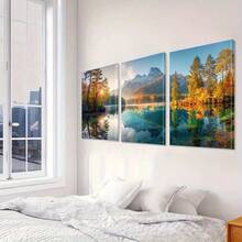 1/3pcs Mountain Lake Wall Art Posters, Modern Style Wall Art, Illustrations Of Tranquil Lakes And Majestic Mountains, Serene And Refreshing Canvas Artwork Wall Painting Gift, Ideal For Living Room, Bedroom, Office, Home And Dorm Decoration, Unframed / Framed ,Wall Art With Frame - Multicolor - View 5