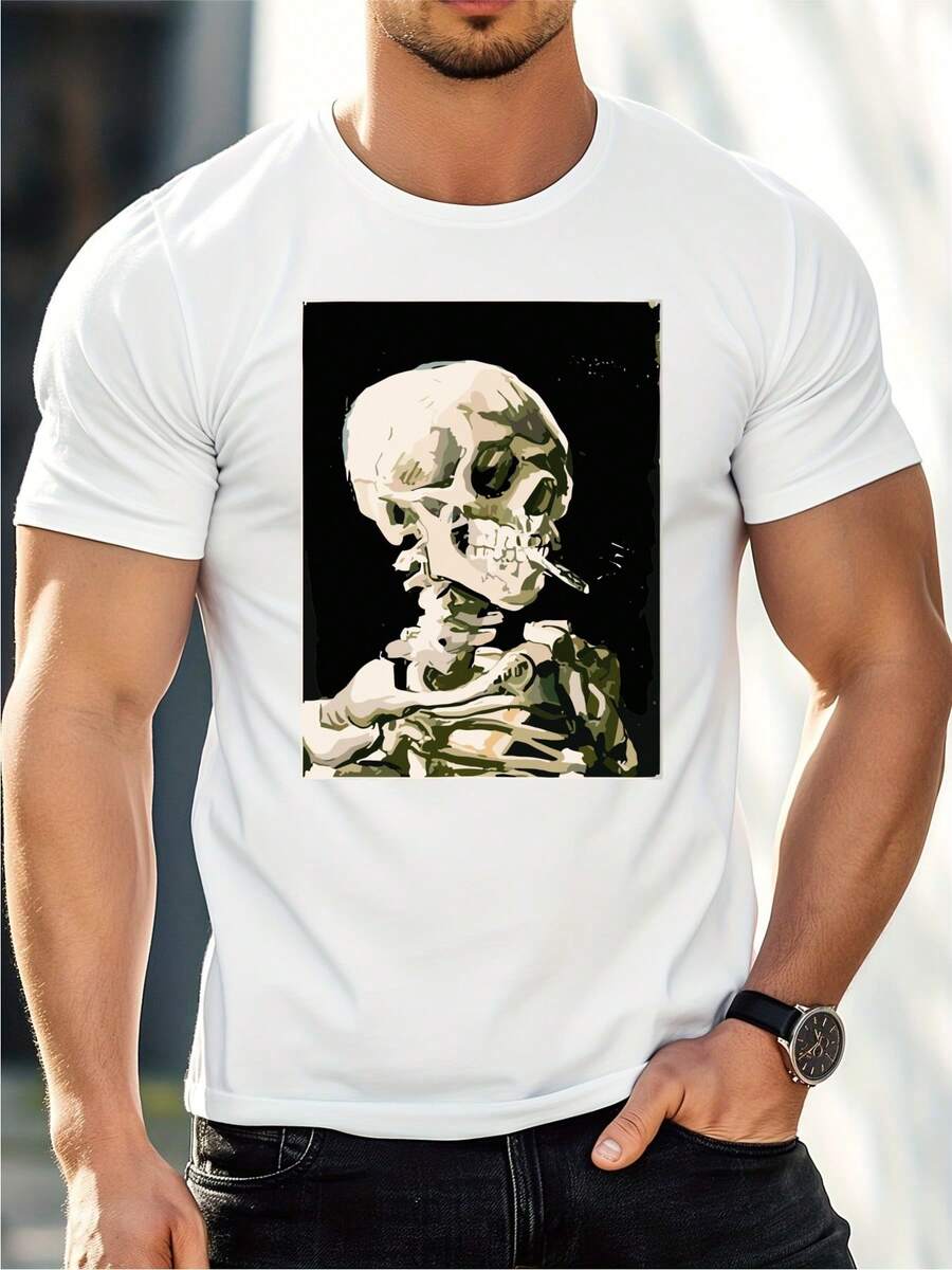Men's White Skull Print T-Shirt, 220gsm Round Neck, Pure Cotton Summer Short Sleeve T-Shirt (1 Piece)