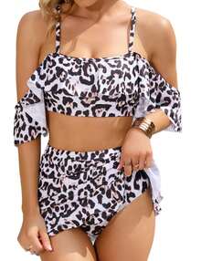 YESFASHION Womens Floral Bikini Set Two Piece High Waisted Swimsuit With Skirt Off Shoulder Ruffle Bathing Suits Tummy Control Swimwear - Brown - View 1