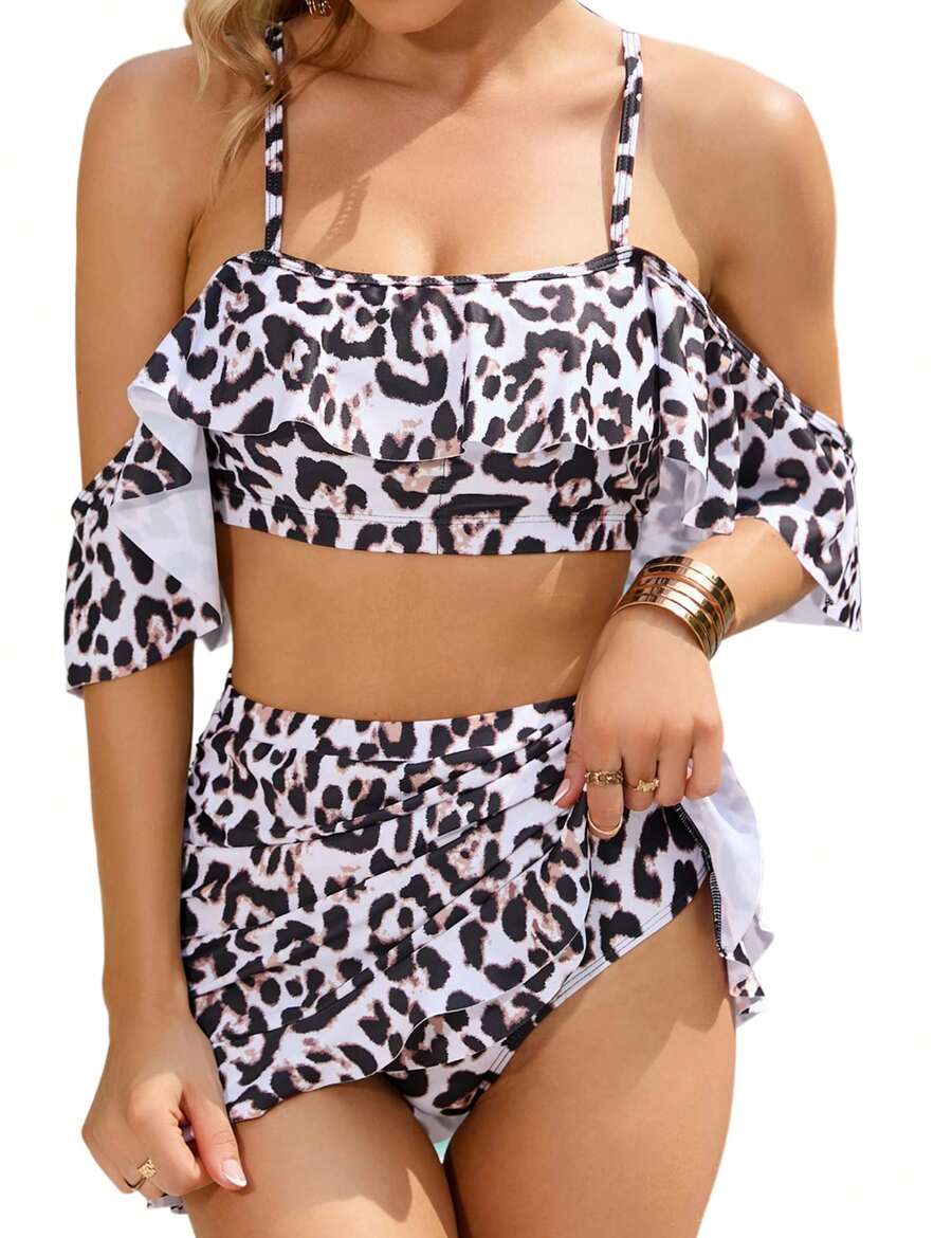 YESFASHION Womens Floral Bikini Set Two Piece High Waisted Swimsuit With Skirt Off Shoulder Ruffle Bathing Suits Tummy Control Swimwear - Brown - View 1