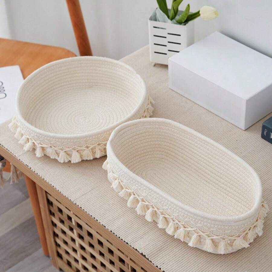 1pc Simple Tasseled Storage Basket, Handwoven Entryway Tabletop Organizer Basket, Cosmetic Storage Basket, White Tasseled Storage Basket