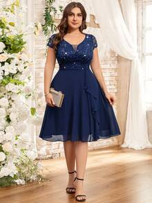 Vestido corto de gasa con cuello de pico profundo, encaje con lentejuelas, volante de contraste y bajo en línea A, ideal para fiestas, graduación, boda informal y cumpleaños - Azul Marino - Ver 4