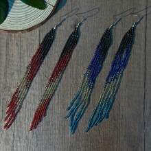 AHAYA 2 件彩色渐变串珠长流苏耳环，手工波西米亚风格玻璃珠耳环，女士珠宝，圣诞节/节日礼物 - 紅色 - 查看 9