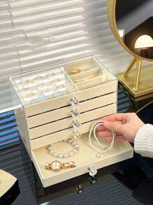 1pc 5-Layer Flocked Jewelry Storage Box, Multi-Functional Stackable Transparent Jewelry Box With Drawers, For Earrings, Rings, Necklaces, Bracelets, Pendants, Perfect For Birthday, Valentine's Day And Anniversary Gifts, Display Box For Women Storage Organizer Travel Essentials Back To School