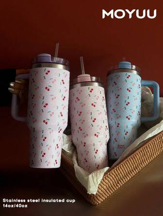1pc 40oz-14oz Large Capacity Handled Car Cup, Insulated Tumbler, Travel Mug, Stainless Steel Vacuum Insulated Cup With Floral Cherry Blossom Pattern, Suitable For Travel, School, Office, Outdoor, Gym, Home, Gifts For Women And Teenagers, Holiday And Birthday (With Straw)
