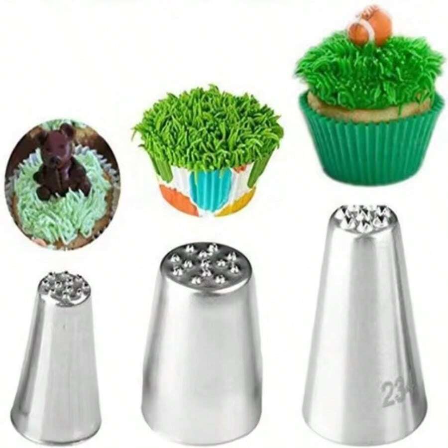3pcs Stainless Steel Grass Cream Icing Nozzles Small Grass-Shape Decoration Mouth For Pastry Cake Decorating Essential Baking - Silver - View 1