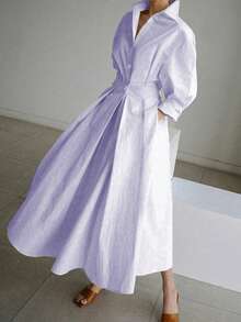 新款春夏V领收腰纽扣装饰连衣裙，通勤款 - 淡紫色 - 查看 2