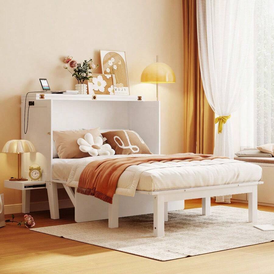 Full Size Murphy Bed With USB Port And Removable Shelves On Each Side,White-GEFCWW - Multicolor - View 1