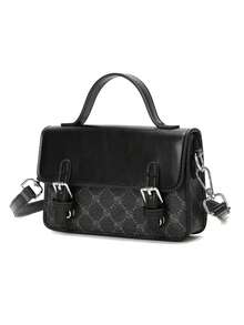 Minimalist Mini Box Shaped Crossbody Bag, "Peach Tree" Design - Black - View 8