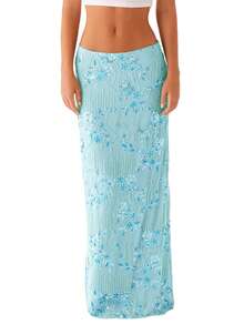 Women Summer Skirt Casual Elegant Sequin Floral Embroidery Long Skirt For Beach Vacation Club Streetwear - 藍色 - 查看 7