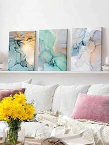 3 件套抽象墙面艺术装饰、大理石纹理绘画、金色点缀艺术版画、流体艺术帆布印刷墙画、蓝绿色调帆布艺术品、艺术图案 - 彩色 - 查看 3