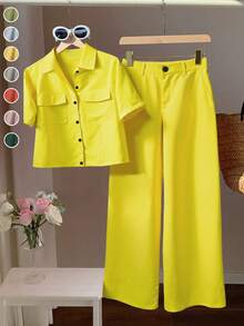 Summer Cream Yellow Casual Woven Fabric Contrast Color Button Pocket Jumpsuit Two Pieces Suit For Women, Suitable For Daily Office And Commute Wear - Bright Yellow - View 7