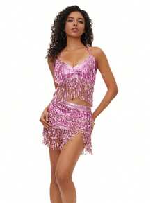 一套亮片流苏半身裙，女士性感露脐裙，可调节腰带，臀巾式裹裙，狂欢节、锐舞、表演服装。波西米亚风、复古风，适合节日、派对、夜生活、海滩装扮、节日服装及配饰。 - 彩色 - 查看 11