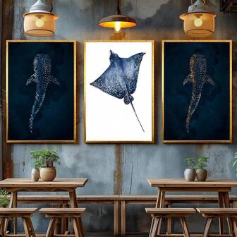 3PCS Elegant Marine Canvas Wall Arts Animals Posters Stingray-Whale Shark Navigation Home Decoration Painting Optional Frame ,Wall Art With Frame