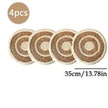 1 pieza /4 piezas /6 piezas Posavasos o manteles individuales redondeados con flecos de estilo bohemio tejidos a mano de manera natural, adecuados para restaurantes, decoración de bodas