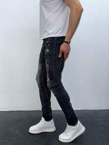 Men's Black Acid-Washed Skinny Jeans With Crocodile Texture & Ripped Detail - Black - View 3