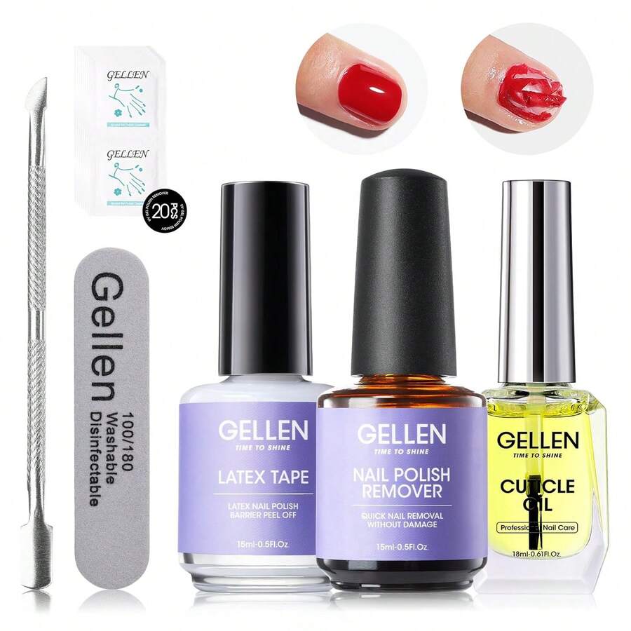 Gellen Gel Nail Polish Remover Kit, Gel Polish Remover For Nails With Liquid Latex Tape Cuticle Oil And Manicure Tools, Quick &Amp; Easy Gel Remover In 3-5 Minutes, No Soaking Or Wrapping
