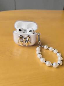 Estuche para auriculares de plata pura con lazo brillante y cadena de perlas de moda - Multicolor - Ver 2