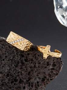 2pcs/Set Alloy Cross Shaped With Rhinestones Square Men's Fashion Adjustable Rings - Gold - View 4