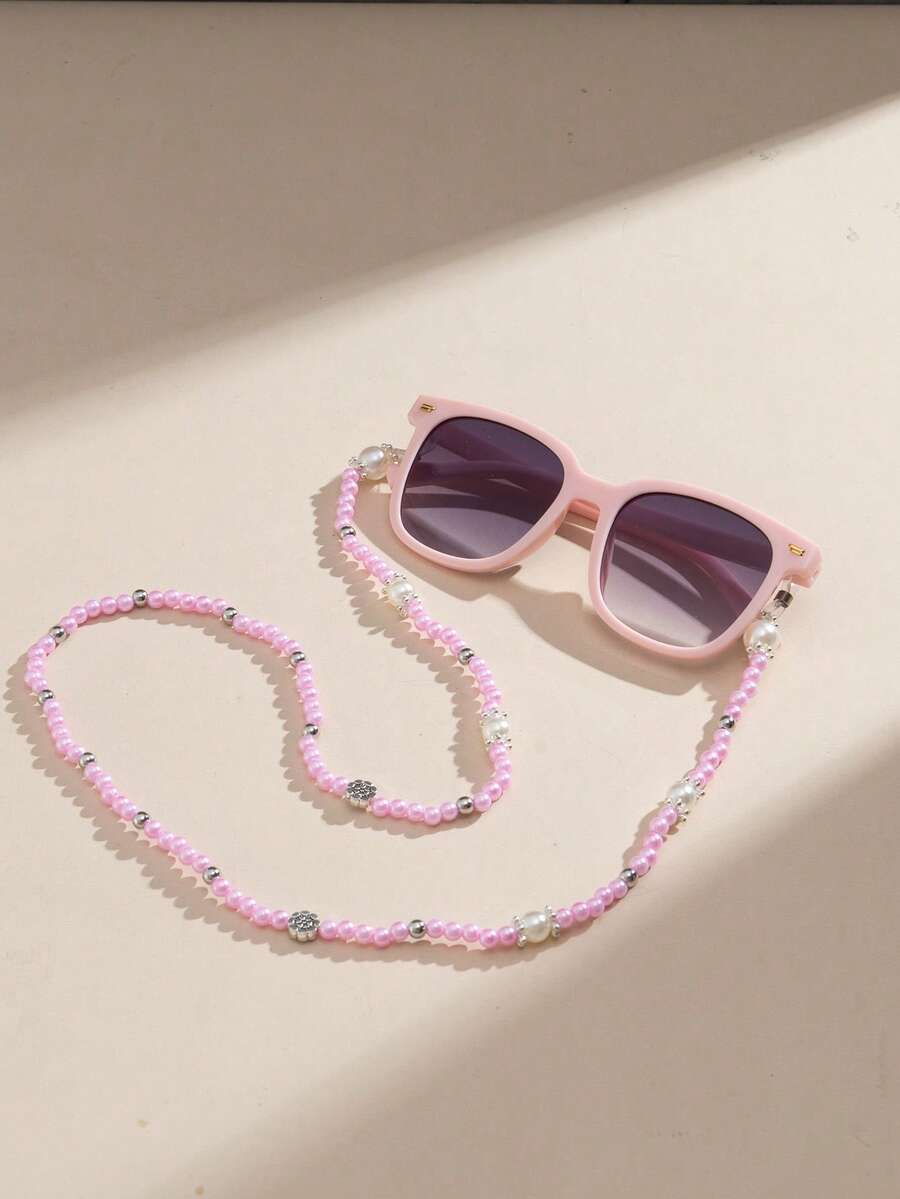 1 Set Children's Pink Geometric Fashion Fashion Glasses With 1 Pc Faux Pearl Eyeglasses Chain - Pink - View 1