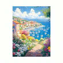 Kit da ricamo in diamanti 5D con scena di lago tranquillo - kit completo con puntini rotondi, scena di una barca e di una finestra su tela, decorazione per la casa vivace, nuovo kit di pittura di diamanti