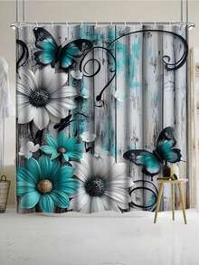 1/3/4 Pcs, Fashionable Minimalist Blue-Green & White Floral Butterfly Bathroom Set - Shower Curtain And Rug Series, Elegant And Practical Home Decor Gift. Bathroom Decor - Multicolor - View 10