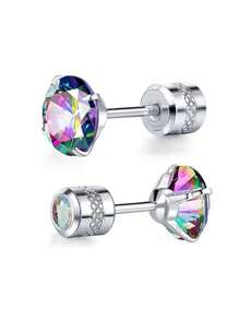 2 Pcs Vogue Titanium Steel Spiral Earrings Silver With Colored Zirconia, Hypoallergenic Zirconia Stud Earrings, Unisex Earrings, Graduation Season Gift For Friends