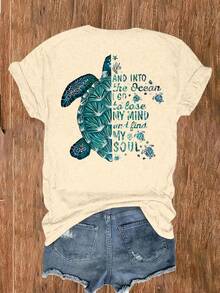 Sea Turtle Print T-Shirt, Casual Short-Sleeved Crew Neck T-Shirt, Suitable For Spring And Summer, Women's Clothing. Classic Black Crew Neck T-Shirt Made Of Pure Cotton. - 卡其色 - 查看 3