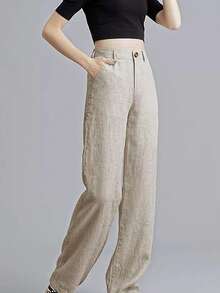 Women's Cotton Linen Trousers Casual Button Up High Waist Wide Leg Trousers - 卡其色 - 查看 3