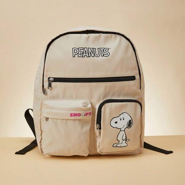 Miniso Off-White Snoopy Backpack, Nylon Material, Large Capacity Design, Multiple Inner Compartments For Easy Access, Ideal For Daily Use And Travel (1 PC) Back To School