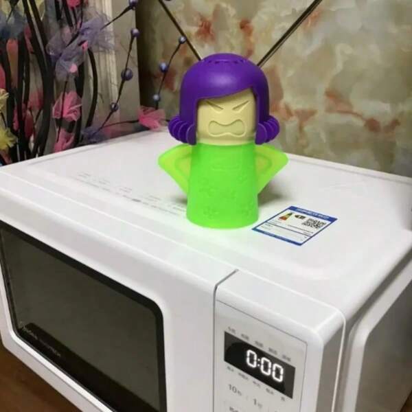 1 pieza Limpiador de microondas reutilizable Angry Mama - Con método de limpieza con vinagre y agua, sin electricidad necesaria, desodoriza cocina, baño, coche, dormitorio, herramienta de limpieza divertida | Plástico duradero, limpiador de microondas