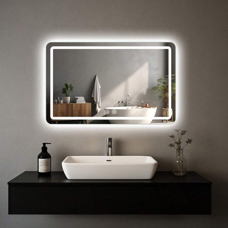 LED Bathroom Mirror Anti-Fog Wall Mirror With Lights Stepless Dimmable, Lighted Bathroom Mirrors For Wall, Rectangle Bathroom Vanity Mirror With Front And Backlight - 90*60cm - Xem 1