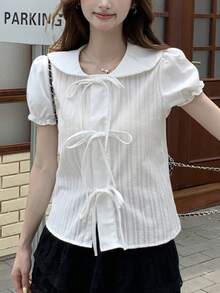 Sweet Ruffled Collar Tied Bow Puff Sleeve Blouse For Women, Fresh & Versatile Crop Top, Summer White - White - View 4