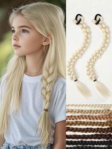 2 件长发辫子橡胶圈辫子发纤维合成假发适合儿童日常佩戴和角色扮演 - 自然黑 - 查看 11