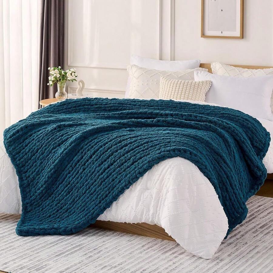Chunky Knit Blanket - Soft Chenille Yarn Throws 40x50: Handmade Thick Cable Crochet Blanket - Large Chunky Yarn Rope Knot Throw For Couch, Sofa, Bed Home Decor - 藍色 - 查看 1