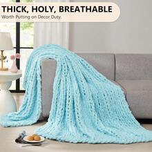 Chunky Knit Blanket - Soft Chenille Yarn Throws 40x50: Handmade Thick Cable Crochet Blanket - Large Chunky Yarn Rope Knot Throw For Couch, Sofa, Bed Home Decor - 淺藍色 - 查看 5