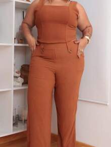 Plus Size Set Of Palazzo Pants And Cropped Top - Óxido marrón - Ver 2