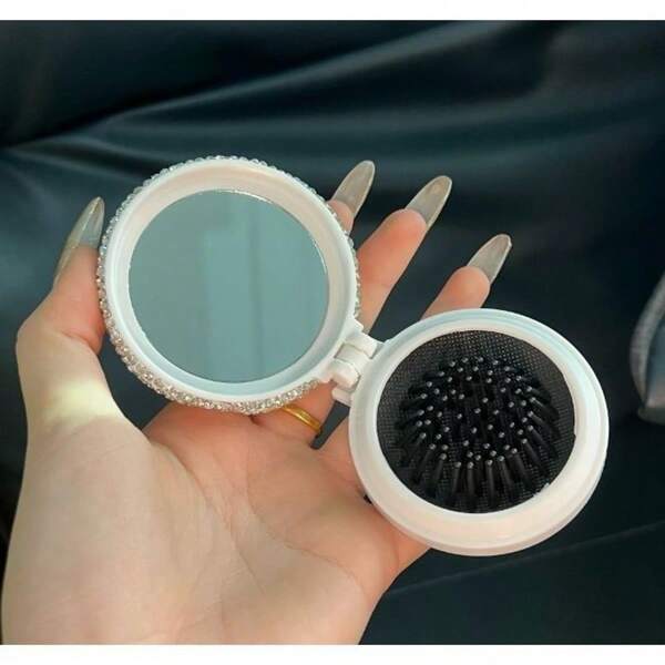 Mini Portable Folding Air Cushion 2-In-1 Comb With Mirror, Diamond-Embedded Design, Compact Travel Hair Brush For Women/Men, Easy Carry Pocket Brush